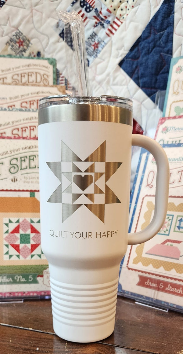 Quilter's Cupboard 40oz Travel Mug 'Quilt Your Happy' - White